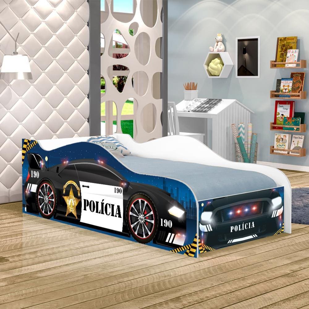 Cama Police Light Joy Preto Infantil Com Colchão