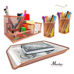 Kit Porta Caneta Lapis Organizador De Mesa Bandeja Rose Gold