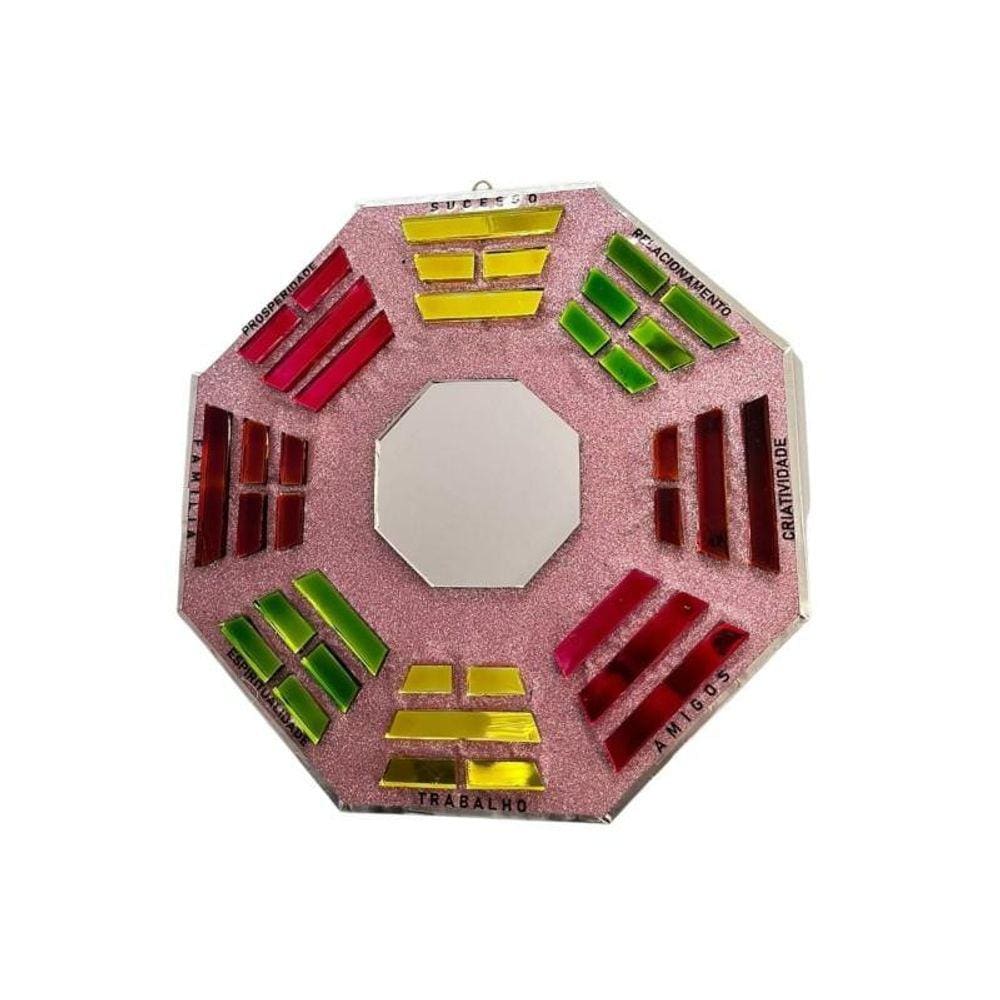 Baguá Feng Shui Vidro Colorido Rosa Octogonal 16 Cm