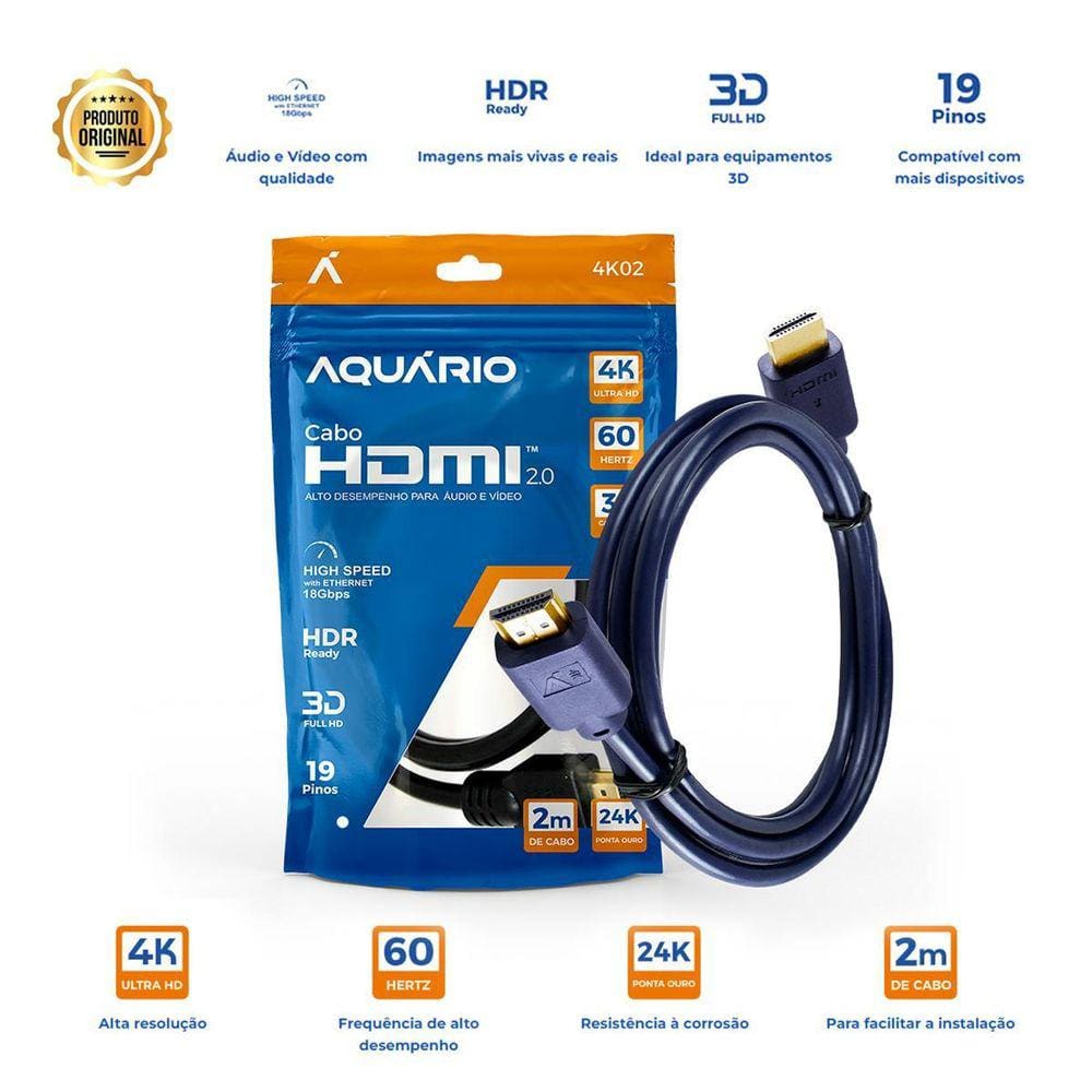 Cabo Hdmi Aquário 2.0 4K Full Hd 3D Blindado 4K02 - 2 Metros