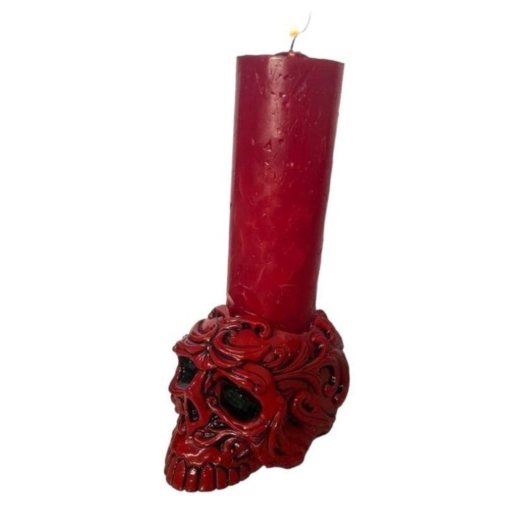 Escultura Crânio Porta Vela 7 Dias Resina 12X8Cm Vermelho