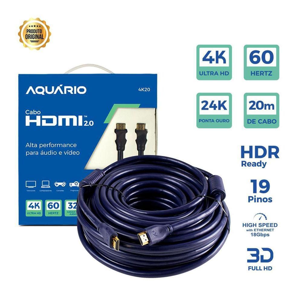 Cabo Hdmi Aquário 2.0 4K 20 Metros Full Hd 3D Blindado 4K20
