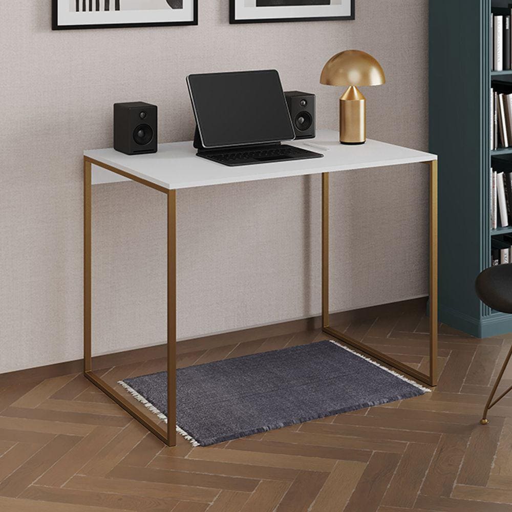 Escrivaninha Industrial Office Branca 90x53 Grécia Base Dourada