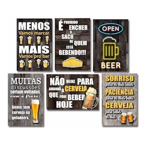 Kit 6 Placas Decorativas MDF - Frases Boteco 20x30cm