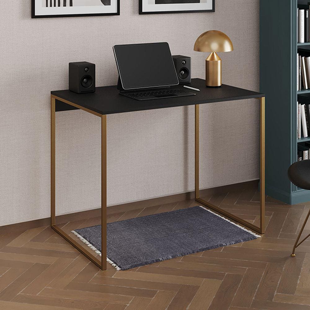 Escrivaninha Industrial Office Preta 90x53 Grécia Base Dourada