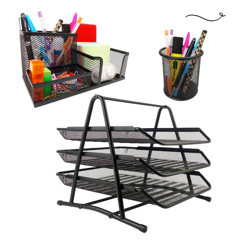 Kit Escritório Porta Caneta Lápis Bandeja Tripla Deslizantes Organizador de Mesa Preto
