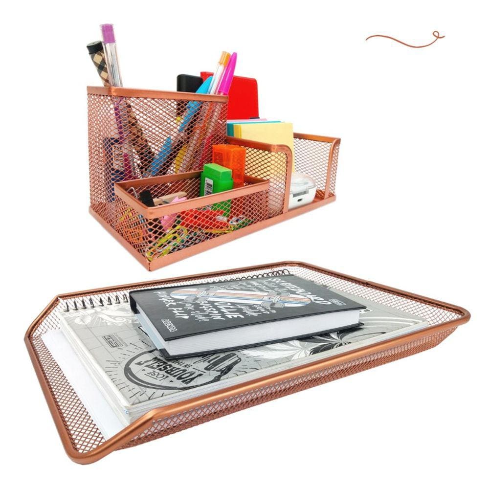 Kit Escritório Organizador de Mesa, Bandeja Rose Gold
