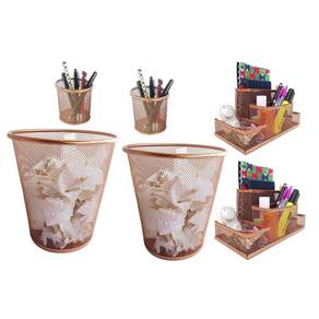 Kit Organizador, Porta Caneta e Lixeira Rose Gold Escritório