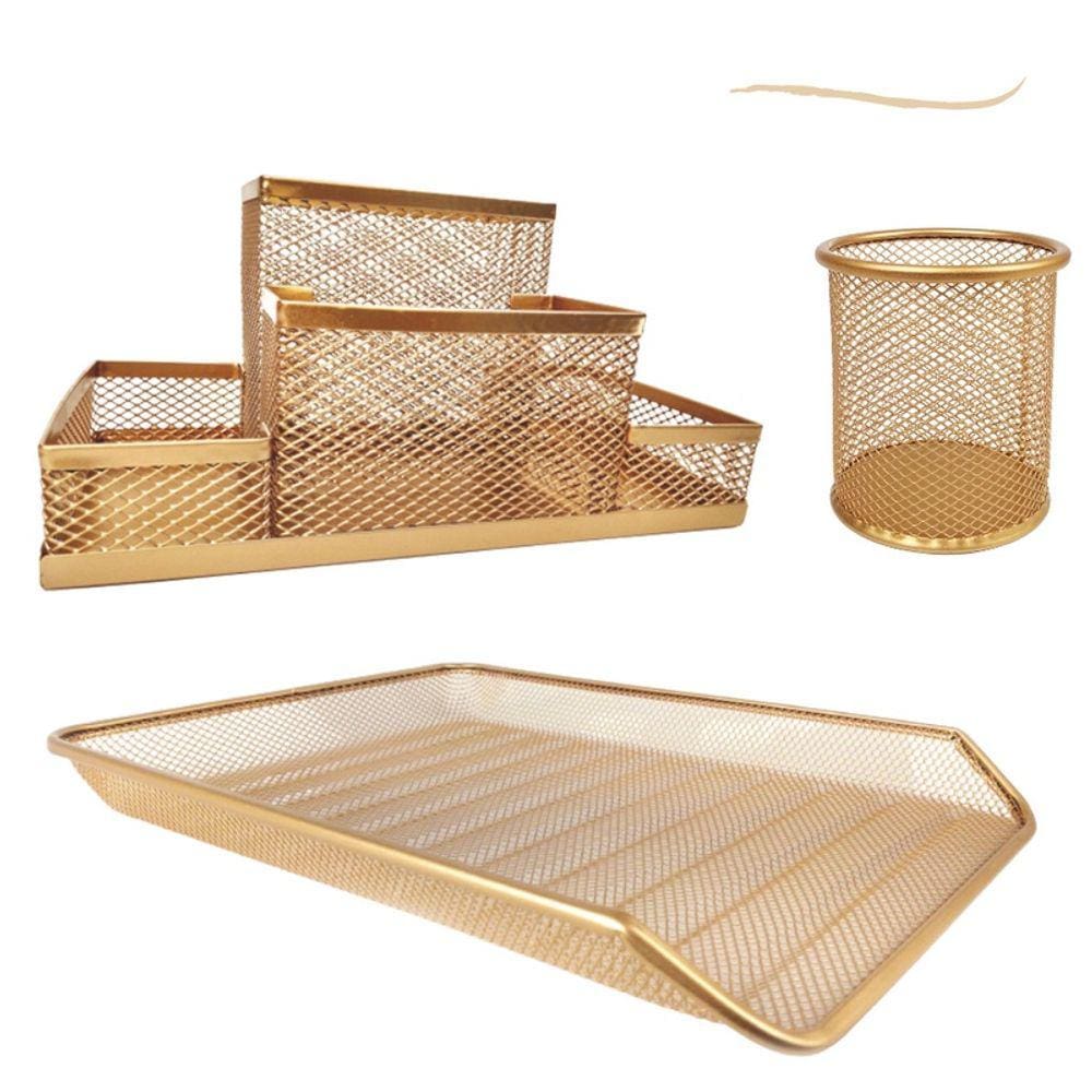 Kit Escritório Porta Caneta Organizador Mesa Bandeja Dourado