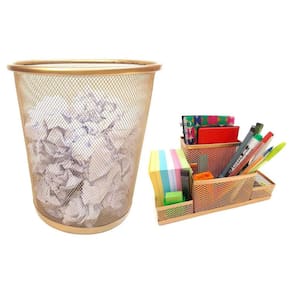 Kit Organizador de Mesa e Lixeira Dourado Escritório