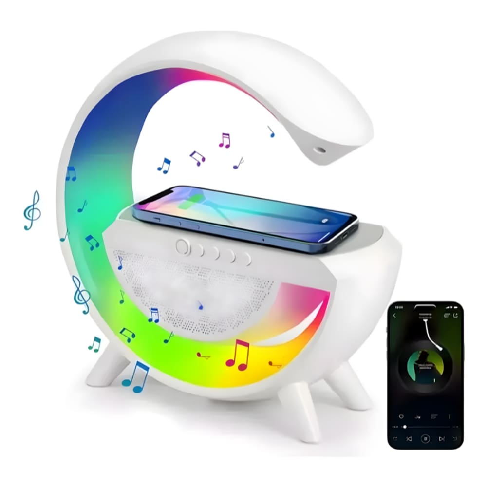 Luminária Bluetooth 3 em 1: Luz, Som e Carregamento Indutivo