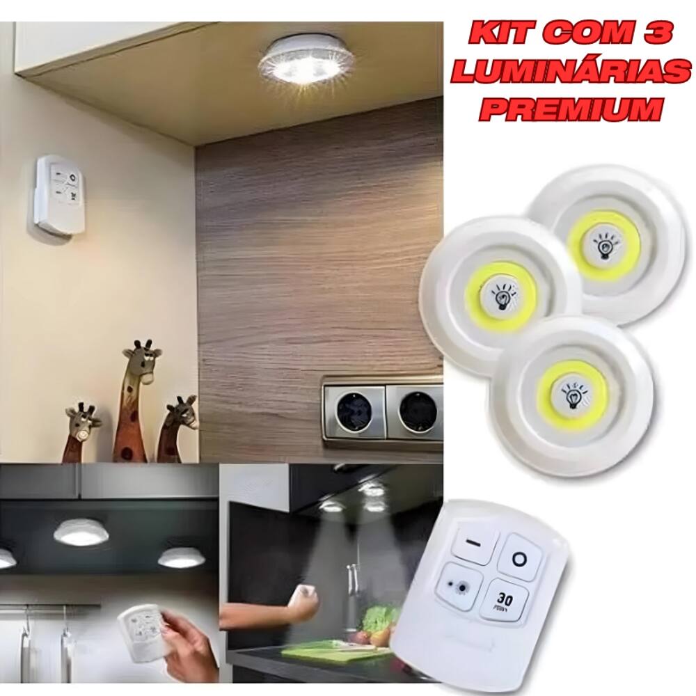 Kit 3 Luminárias Premium Lâmpadas LED Sem Fio Portátil Controle Remoto
