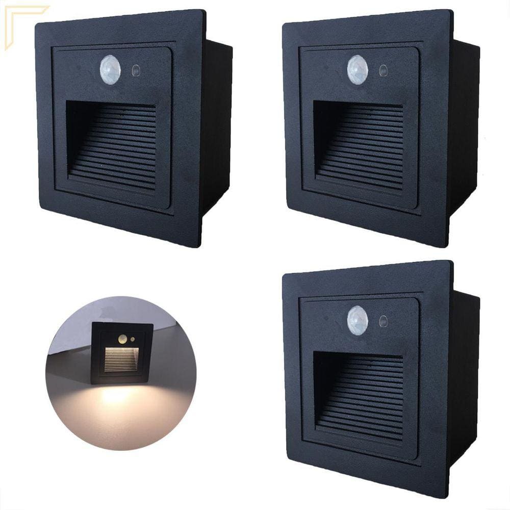 Kit 3 Balizador Led Parede Sensor Presença Embutido Preto