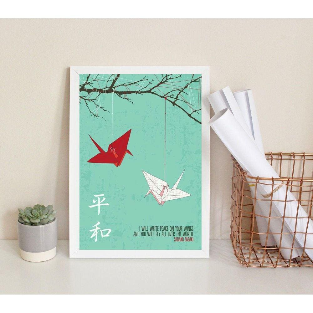 Quadro Decorativo Japonês Tsurus 33X24Cm - Com Vidro