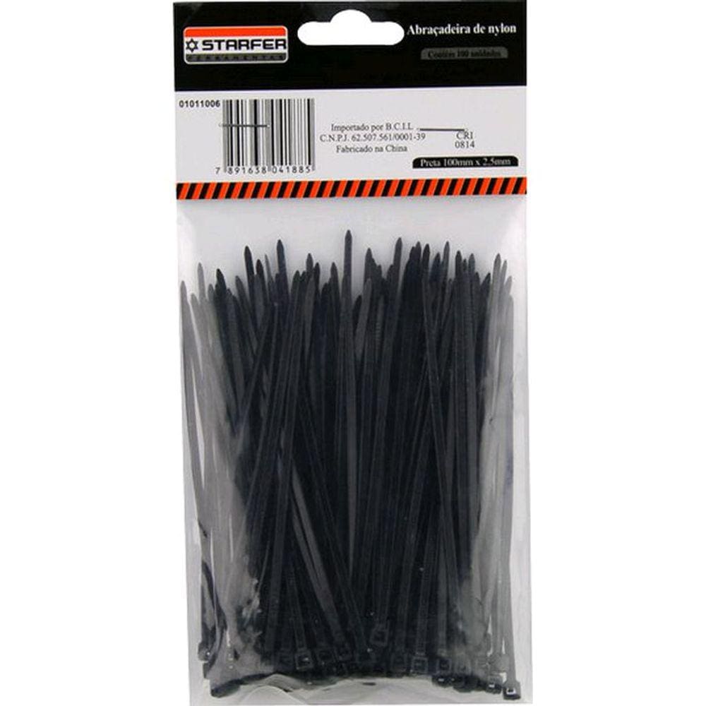 Abraçadeira Nylon Preta 200 X 2,5 Starfer Com 100 Un