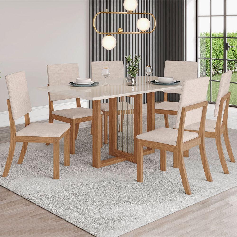 Mesa de Jantar 6 Lugares Natali com Vidro Nature/Off White/Linho - Henn