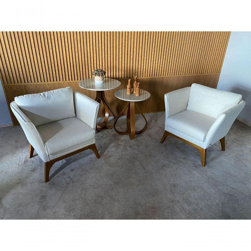 Poltrona Juli Com Pés De Madeira Garapa Pintura P.u Amêndoa, Almofada Em Fibras, Linho Off White