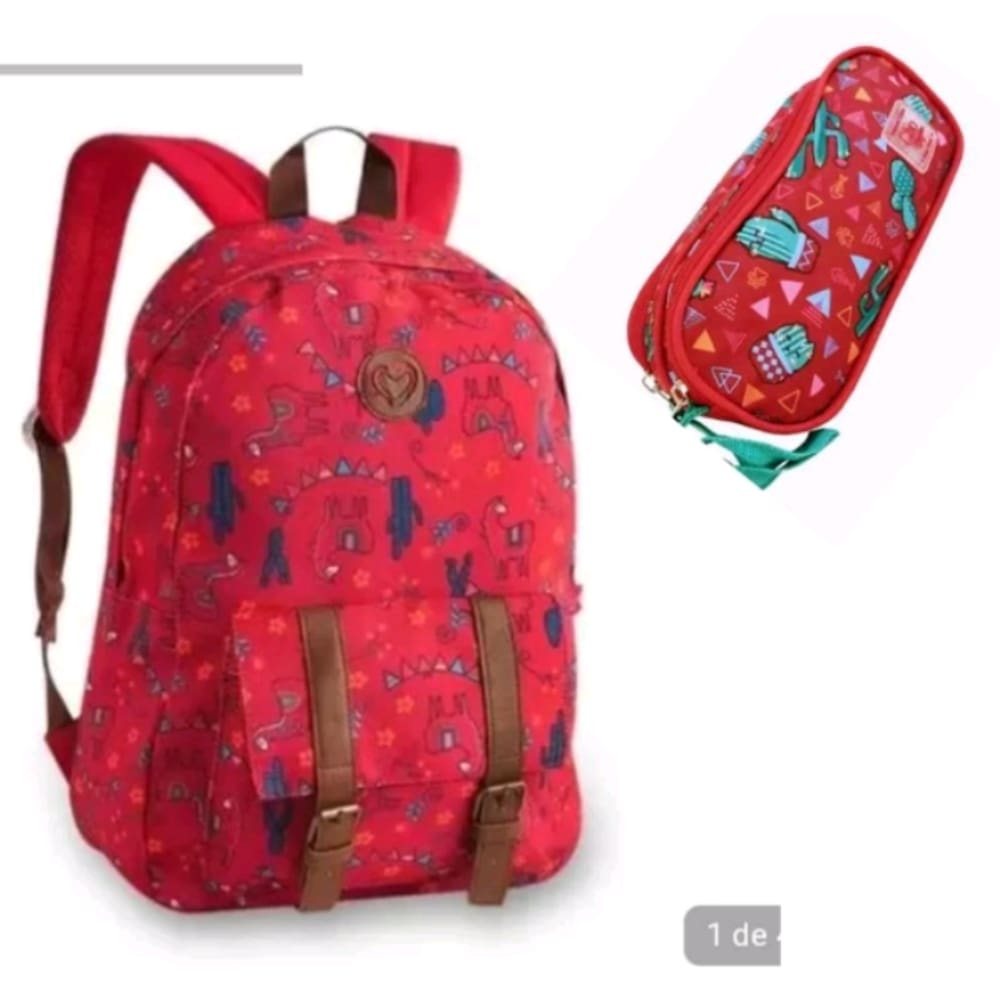 Kit escolar juvenil mochila lhama e cactos+ estojo duplo