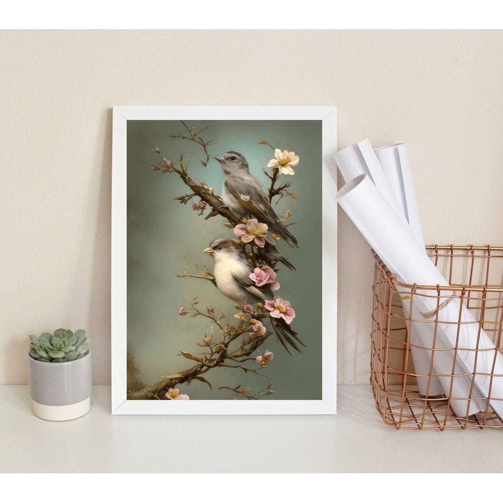 Quadro Decorativo Passarinhos Flores Cerejeira 24X18Cm Vidro