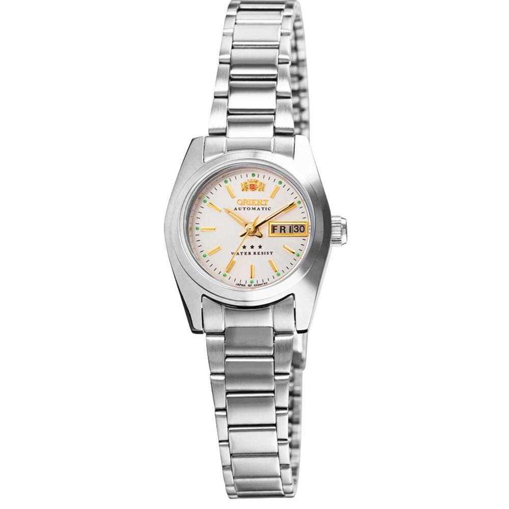 Relógio de Pulso Orient Feminino Automático Mecânico Aço Inóx Pequeno Mini Redondo Prova Dágua Calendário Duplo Casual Prata 559WC8NH B1SX