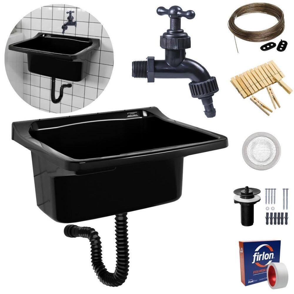 Tanque Lavanderia 22L Preto + Sifão Universal Sanfonado +