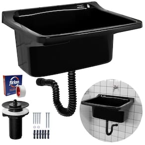 Tanque Plástico 34L Lavanderia Preto + Sifão Universal