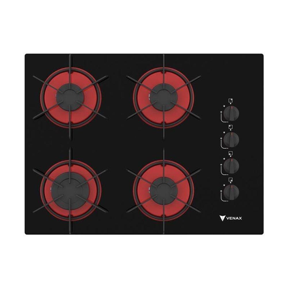 Cooktop 4 Bocas Venax Arena Preto/Vermelho Gas Glp