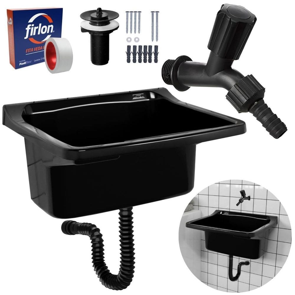 Tanque Plástico 34L Lavanderia Preto + Sifão Universal