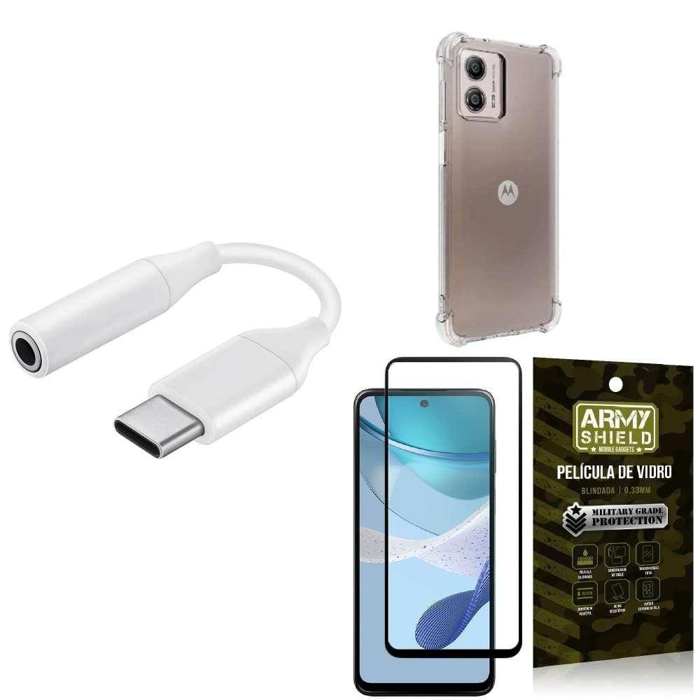 Capinha Moto G53 + Adaptador Tipo C Para Fone P2 + Película