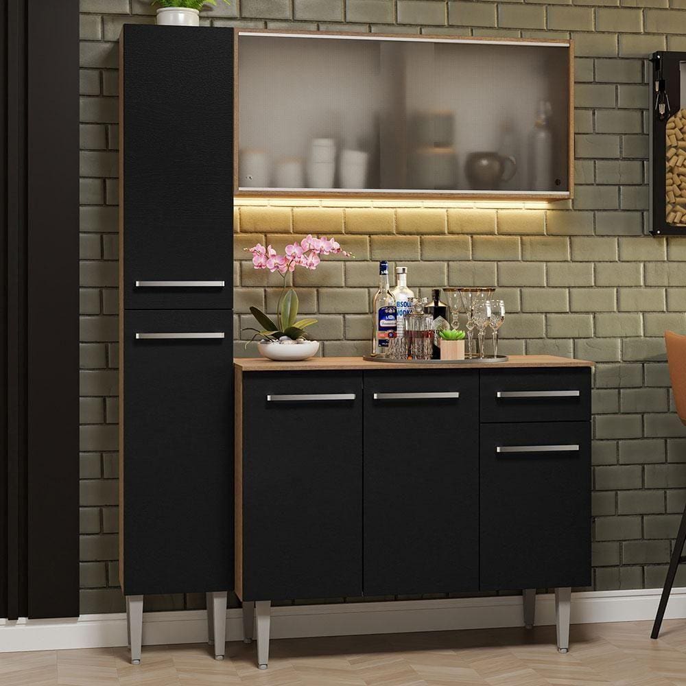 Armário De Cozinha Compacta 137cm Rustic/preto Emilly Madesa 05 Rustic/preto