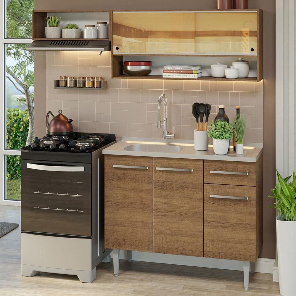 Armário De Cozinha Compacta 165cm Com Pia Rustic Emilly Madesa 01 Rustic