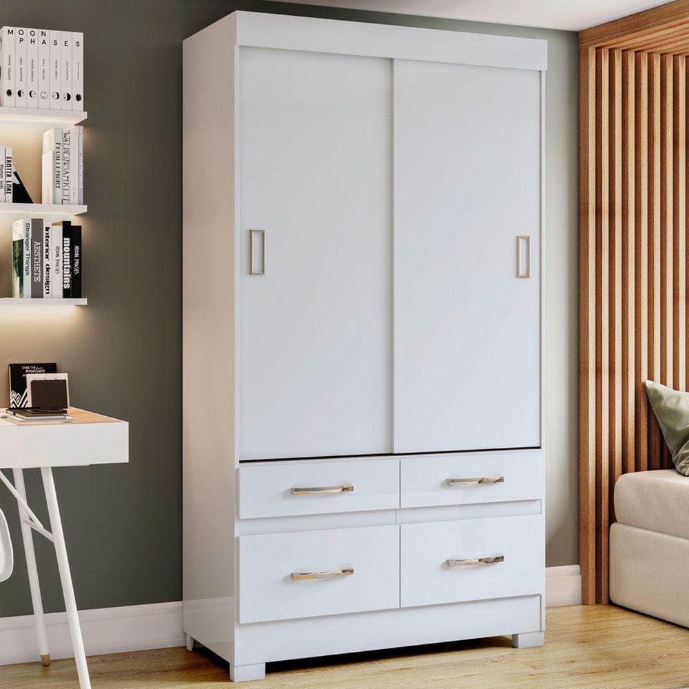 Guarda-Roupa Solteiro 2 Portas de Correr 4 Gavetas Flex Branco/Rosa Chá Be25 - Briz