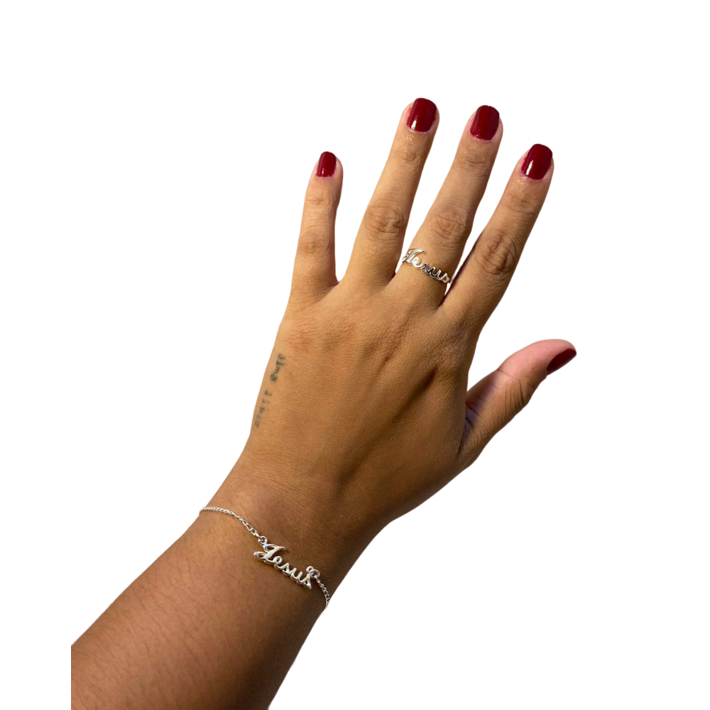 Kit Anel e Pulseira Jesus de Prata 925