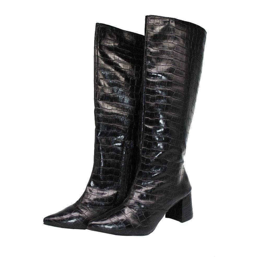 Bota Cano Alto Croco Feminino Salto Grosso Moda Fashion Passeio Conforto Estilo