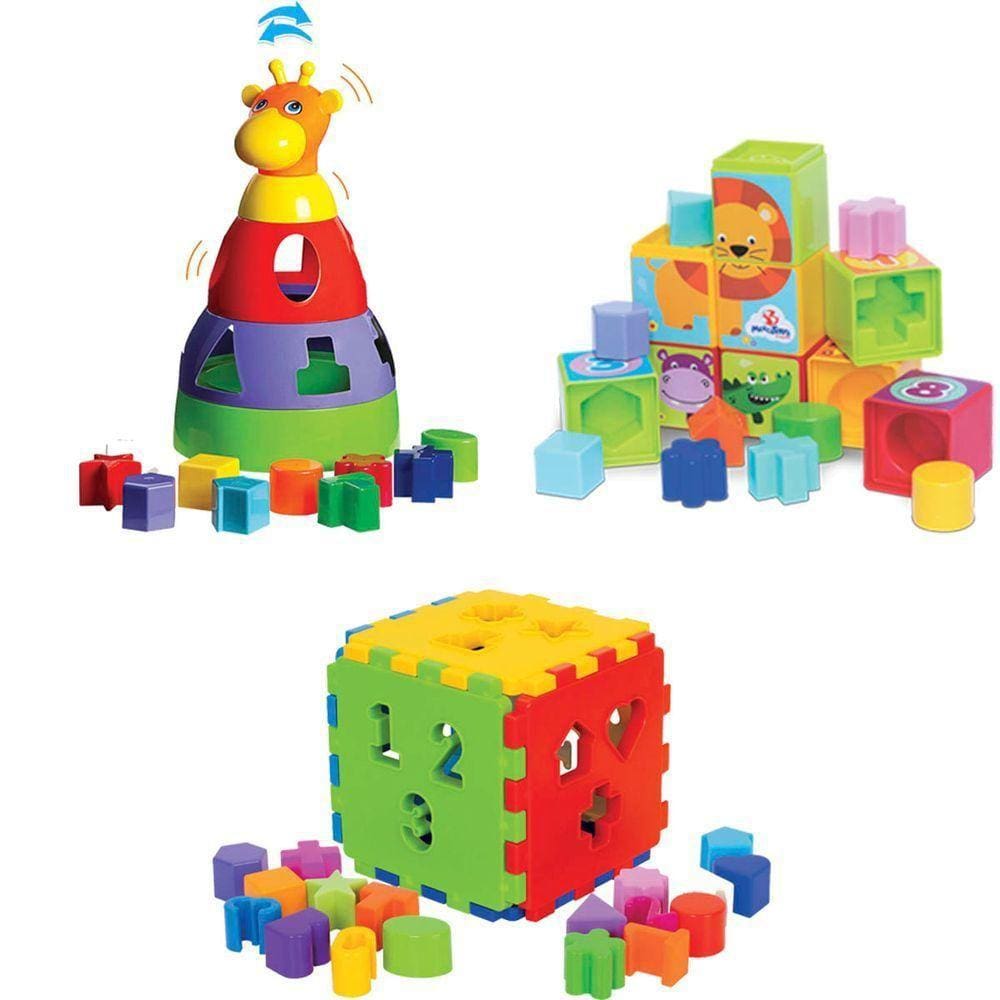 Kit De Brinquedos Para Bebê Girafa + Cubo + Cubinhos