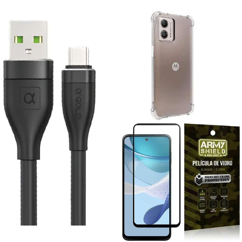 Capinha Moto G53 + Kit Cabo Tipo C 2 Metros + Película 3D