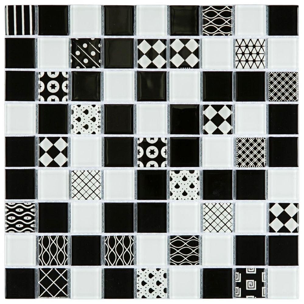 Pastilha de Vidro Patchwork 29,2x29,2cm Branco/Preto