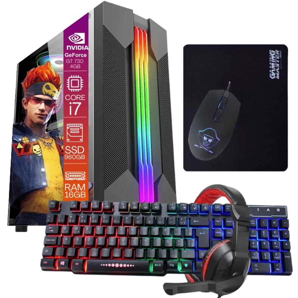 Computador Gamer TOB Intel Core i7 SSD 960GB Memória 16GB VGA GT730 4GB Windows 10 Pro Trial + Teclado e Mouse + Mouse Pad + Headset
