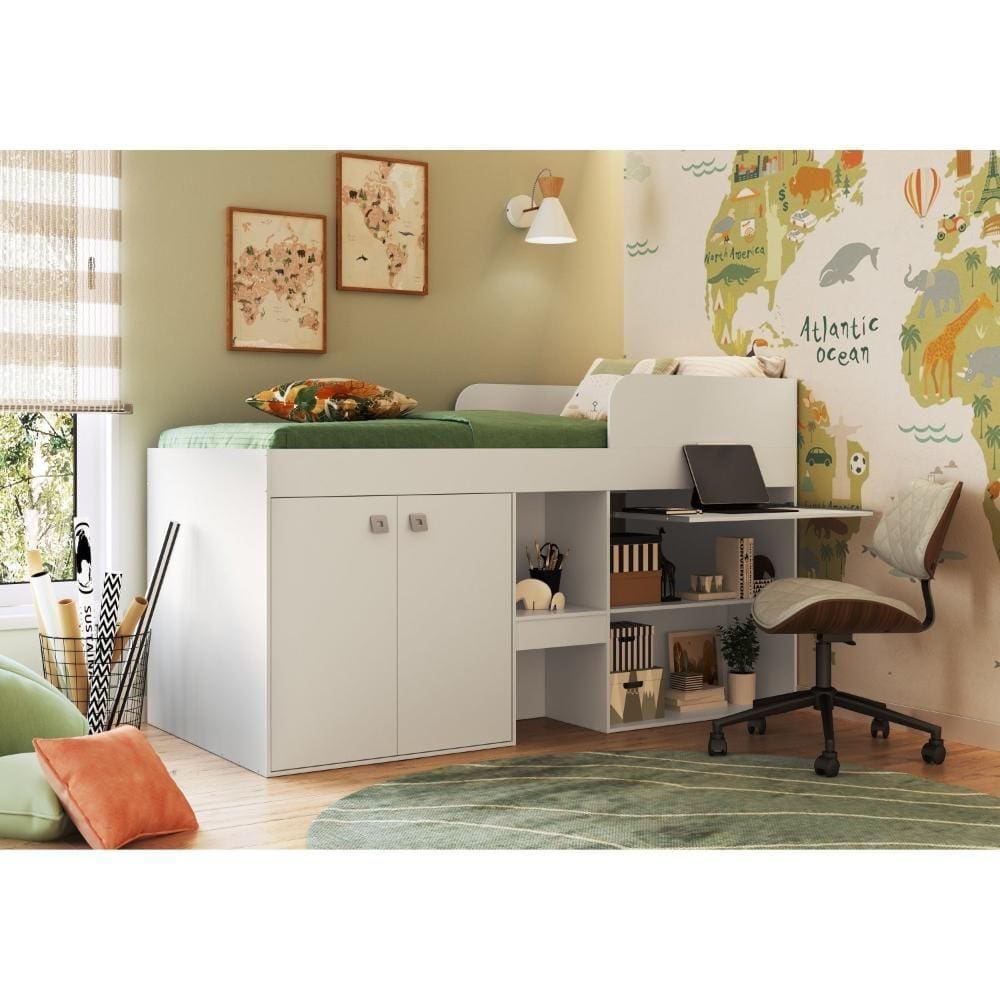 Cama Alta Multifuncional Infantil/Juvenil com Armário e Escrivaninha Monterey Branco