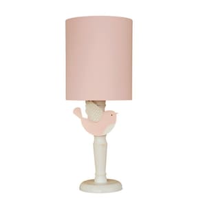 Abajur Infantil Passarinho Rosa Base Branco Provençal 20X49