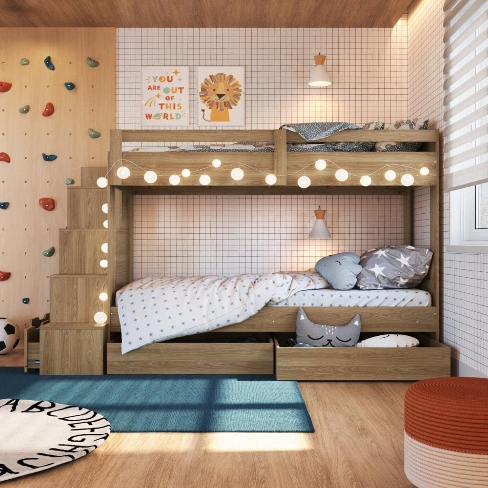 Beliche Infantil com Escada Nichos Gavetas Laterais e Gavetões Inferiores Aveiro Oak