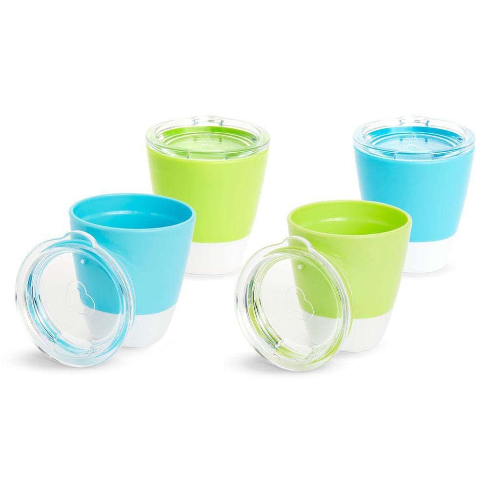 Copos infantis Munchkin Splash Open, 7 onças, pacote com 4, azul/verde