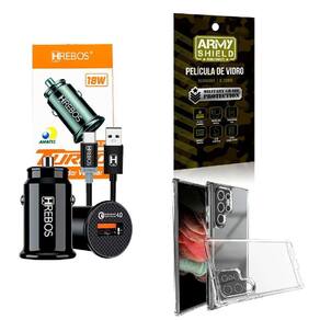 Kit Carregador Veicular + Capinha S22 Ultra + Película 3D