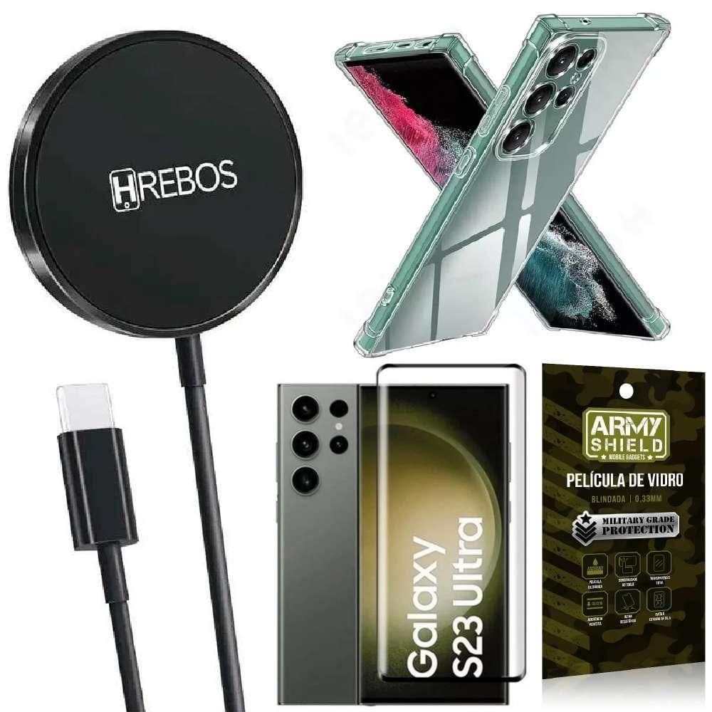 Kit Carregador Sem Fio Galaxy S23 Ultra + Capinha + Película