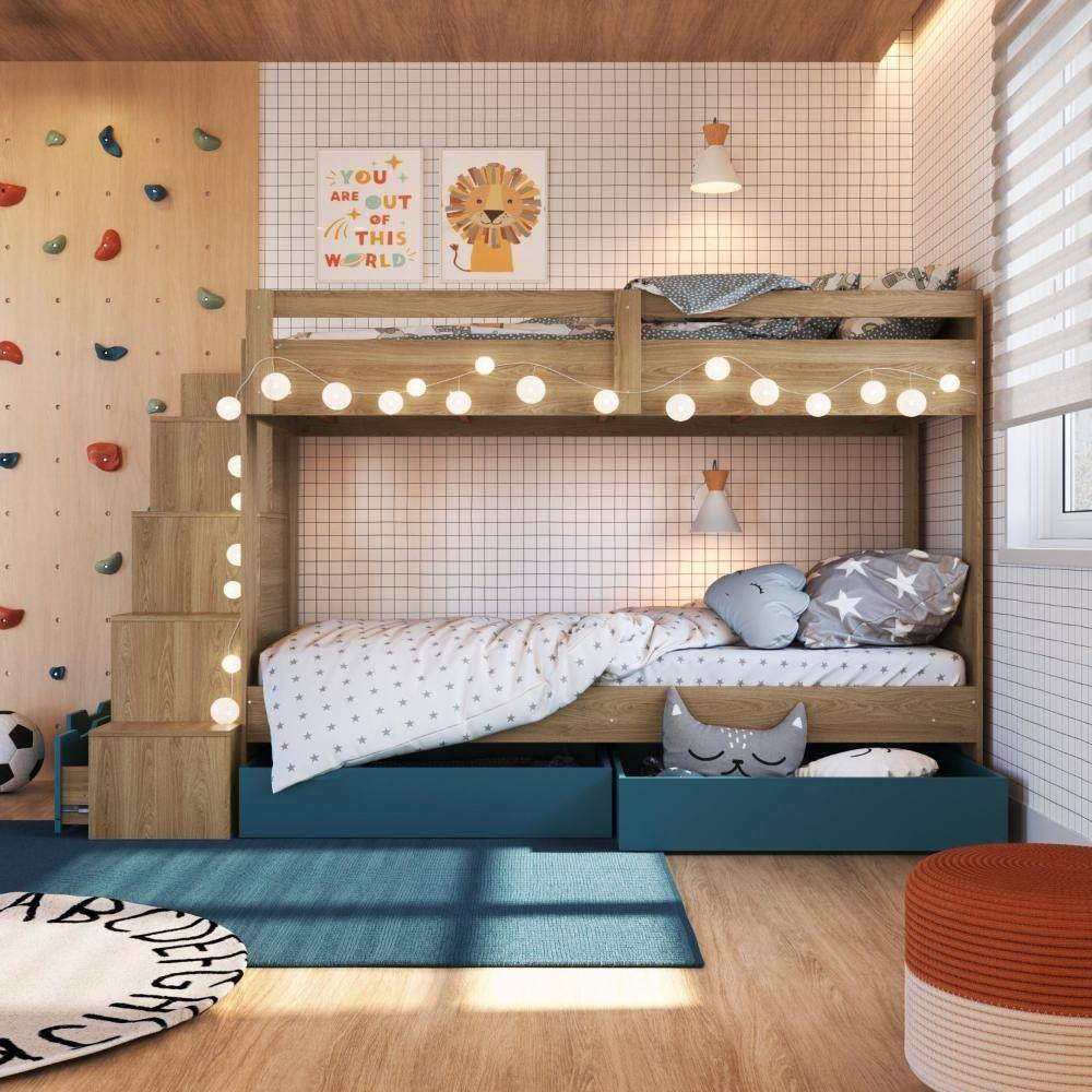 Beliche Infantil com Escada Nichos Gavetas Laterais e Gavetões Inferiores Aveiro Oak/Azul Secreto