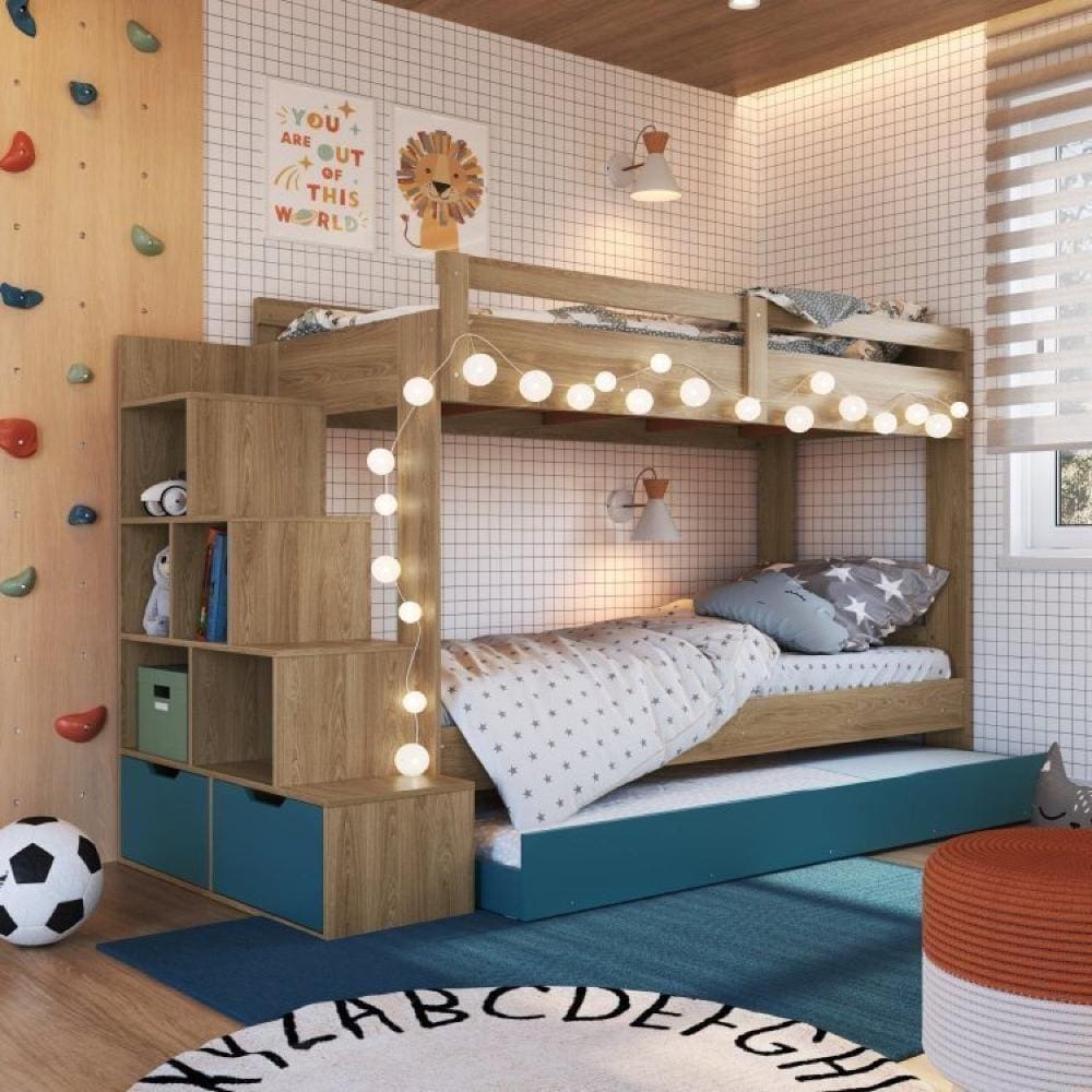 Treliche Infantil com Cama Auxiliar 3 Colchões Aveiro Oak/Azul Secreto