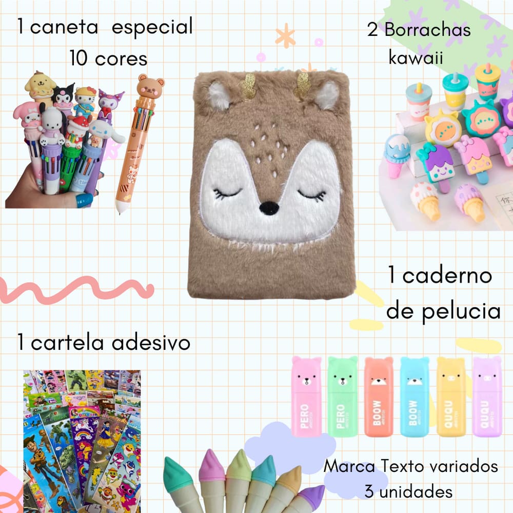 Caixa Kit Papelaria Criativa Kawaii 8 Itens Fofos Presente