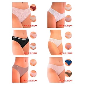 Calcinha Feminina Kit 3 PeçasBiquini Microfibra Renda e Lisa