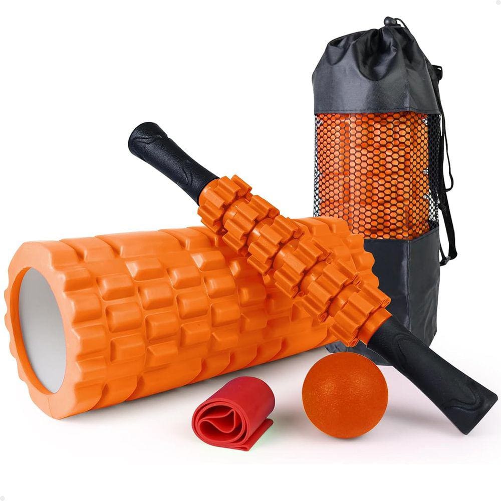 Kit Completo 4x1 Lorben Rolo de Massagem Bastão Miosfascial Bola Lacrosse Faixa Elástica Band Bolsa