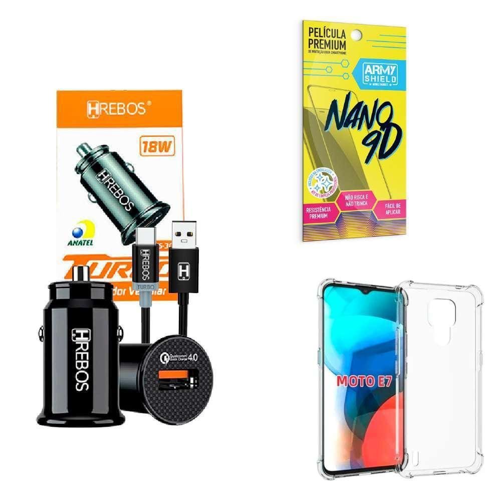 Kit Carregador Veicular + Capinha Motorola E7 + Película 9D